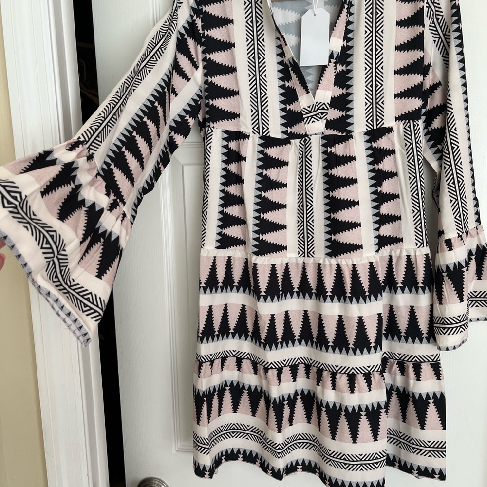 Summer dress, beautiful print blush pink /black and off white . Large